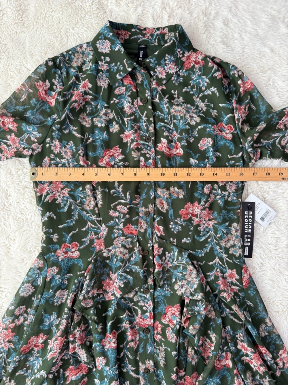 NWT Design Lab Woman Forest Green Floral Chiffon Ruffle Button Front Dress SMALL - Picture 6 of 8